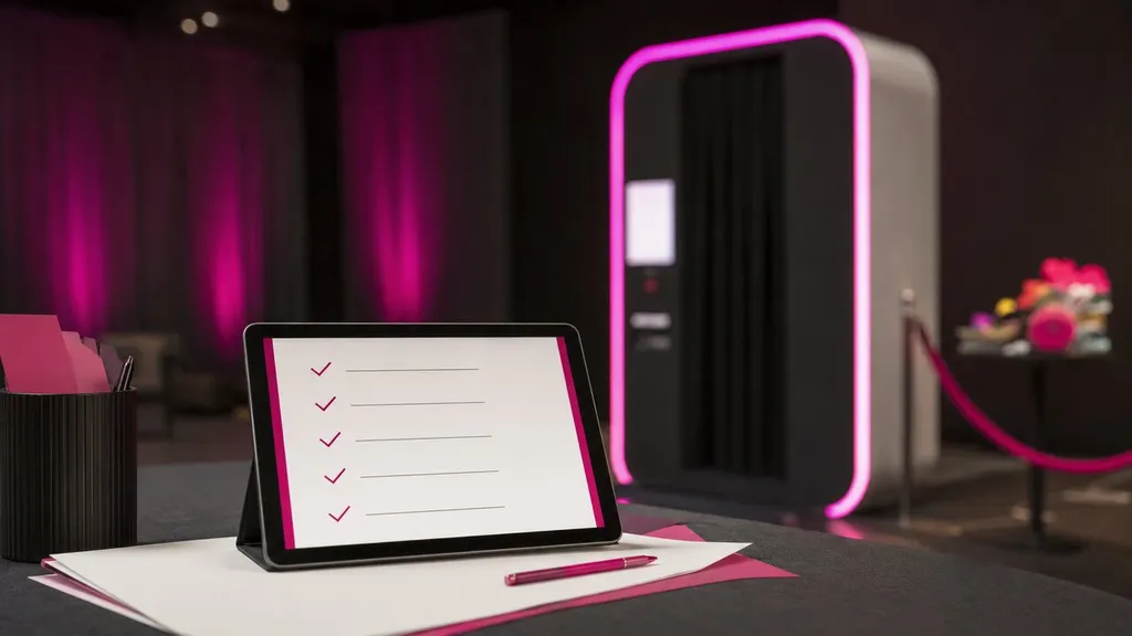 Checklist for booking a photo booth, on a tablet beside a booth