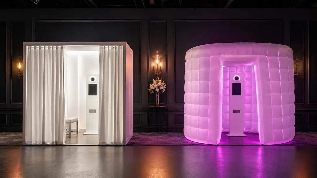 An LED photo booth and a classic booth side by side in the same room