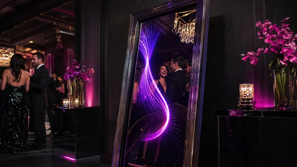 Full-length selfie mirror reflecting guests at an event